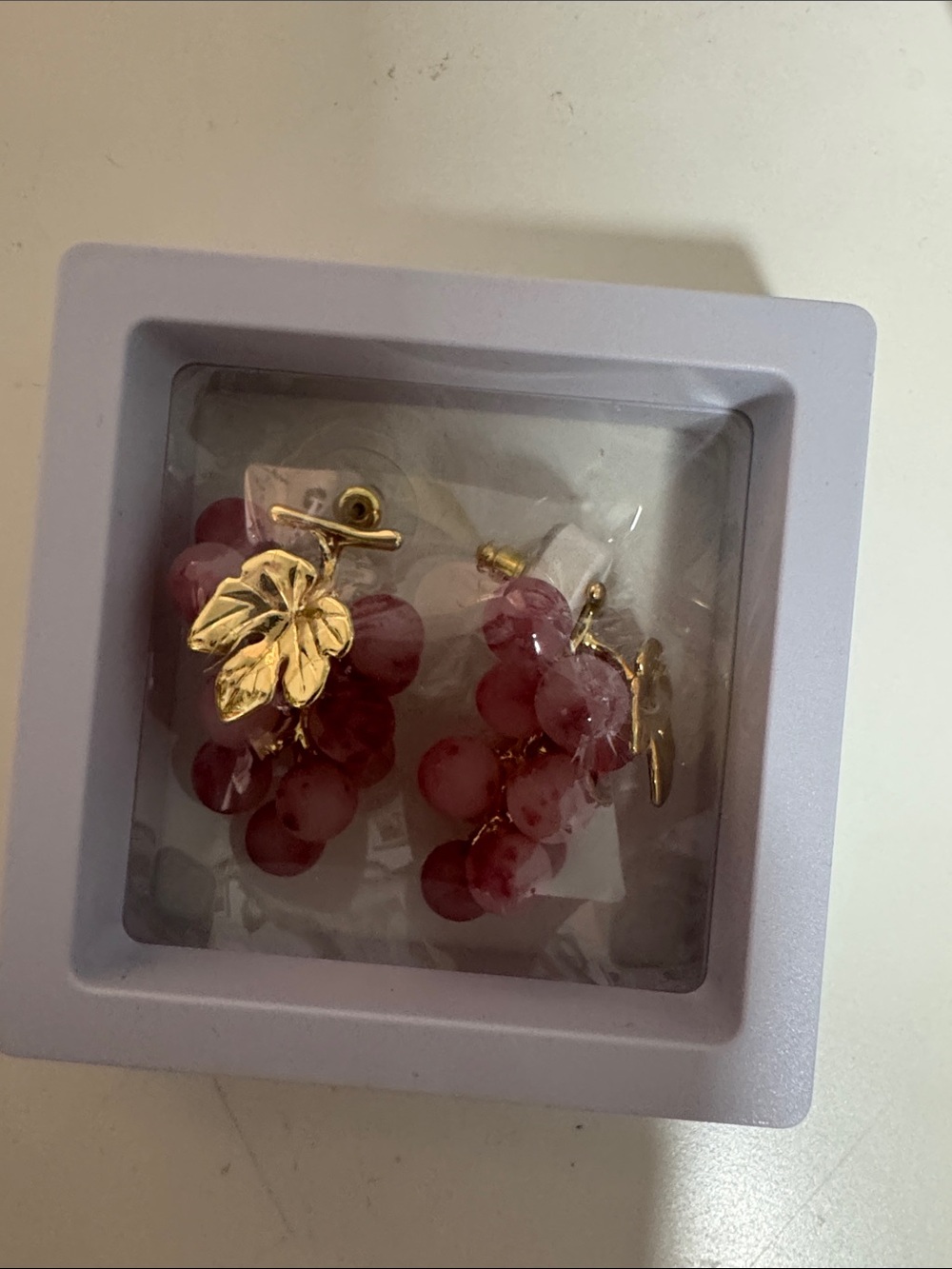Gold Leaf Pink Grape Cluster Earrings - Women Jewelry - Picture 6 of 6